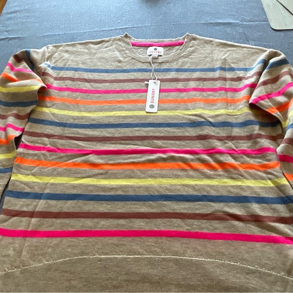 NWT Sundry Rainbow MultiStripe Crewneck Sweater in Cream MSRP $199 - Picture 9 of 11